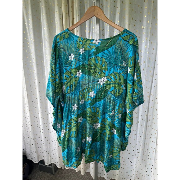 Hula Bay Hawaiian Monstera Plumeria Flowers Batwing Kaftan Swim Cover Up Top S/M - Picture 4 of 8